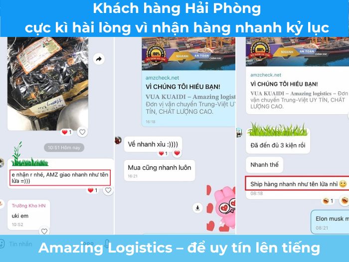 Phản hồi từ khách Hải Phòng trên Zalo: dịch vụ chuyên nghiệp, hàng về đúng hẹn từng giờ