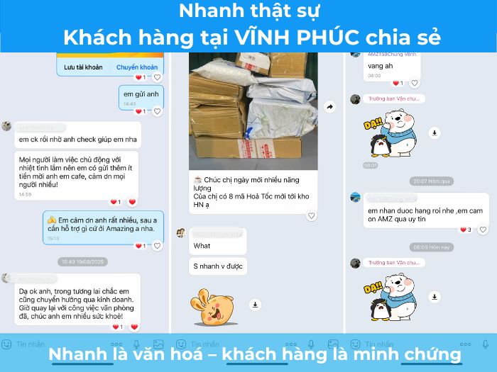 Khách Vĩnh Phúc gửi phản hồi: dịch vụ nhanh, luôn chủ động liên hệ và báo tin hàng về