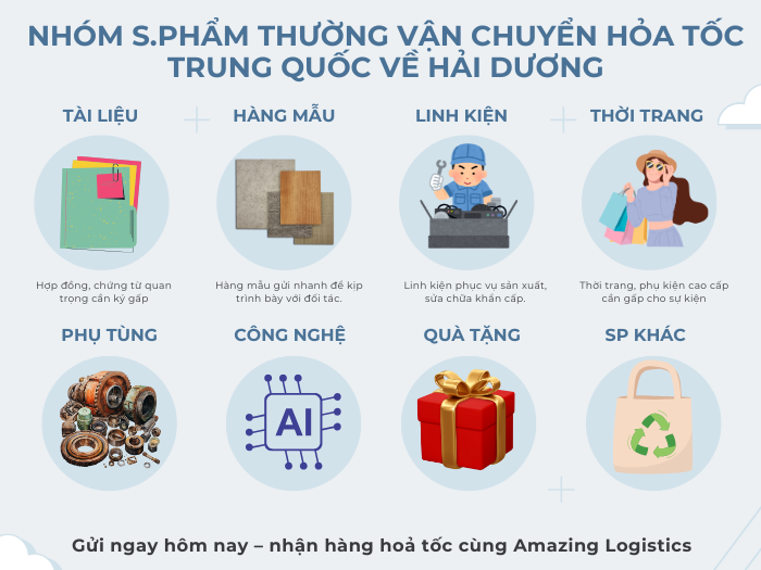 Nhóm sản phẩm khách Hải Dương thường chọn gửi hoả tốc: hàng mẫu, phụ tùng, hợp đồng…
