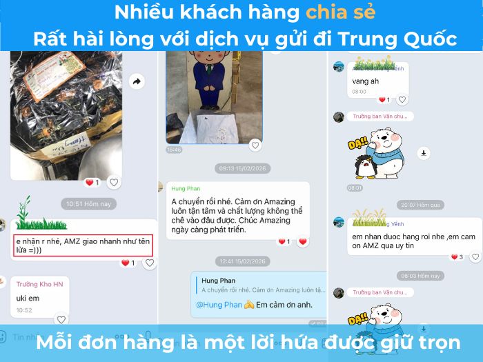 ảnh chụp tin nhắn, mình chứng nhiều khách hàng chia sẻ sự hài lòng vơi dịch vụ gửi hàng đi TQ tại Amazing logistics.