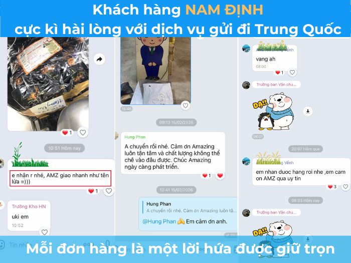 hình ảnh khách nhắn tin khen dịch vụ gửi hàng đi TQ của Amazing rất tuyệt vời, uy tín...