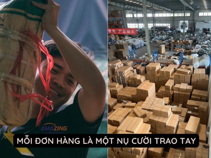 Hỉnh ảnh nhân viên kho đang bốc xếp hàng lên xe để xuất đi TQ. Mỗi đơn hàng là 1 nụ cười trao tay.