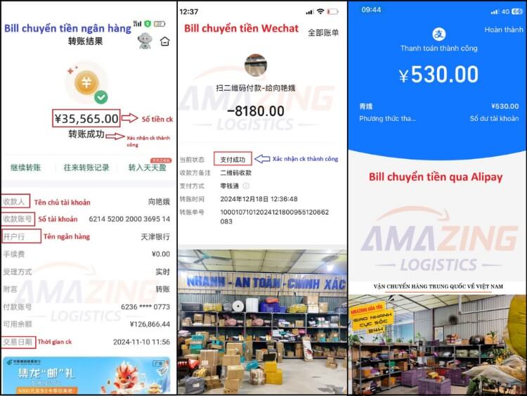 Mẫu bill xác nhận chuyển khoản thành công qua tài khoản ngân hàng, alipay, wechat