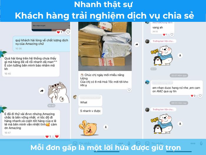 Khách hàng trải nghiệm dịch vụ hỏa tốc hàng mẫu TQ-VN chia sẻ rất hài lòng về tốc độ cũng như thái độ phục vụ của amazing.